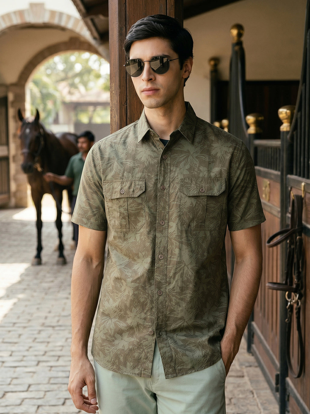 Olive Slim Fit Short Sleeves Floral Printed Two Flap Chest Pockets Pure Cotton Casual Shirt For Men