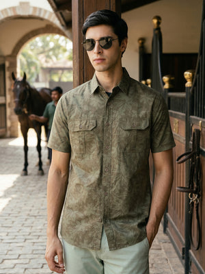 Olive Slim Fit Short Sleeves Floral Printed Two Flap Chest Pockets Pure Cotton Casual Shirt For Men