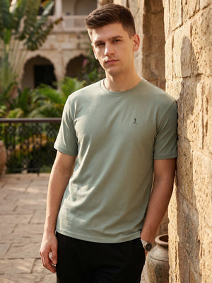 Thomas Scott Men Sea Green Cricket Club Collection Regular Fit Short Sleeves Round Neck Solid 100% Cotton Knitted Tshirt