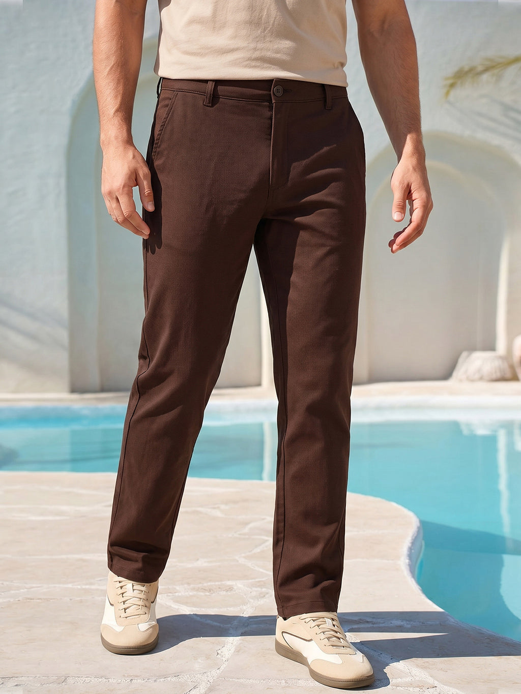 Brown Cricket Club Collection Regular Fit Mid-Rise Solid 4 Pockets Woven Chinos Trouser For Men