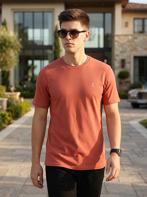 Thomas Scott Men Rust Cricket Club Collection Regular Fit Short Sleeves Round Neck Solid 100% Cotton Knitted Tshirt