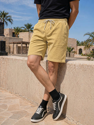 Beige1 Cricket Club Collection Regular Fit Mid-Rise Woven Cotrises Corduroy Shorts For Men