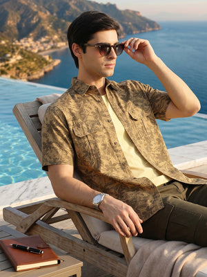 Khaki Slim Fit Short Sleeves Floral Printed Two Flap Chest Pockets Pure Cotton Casual Shirt For Men