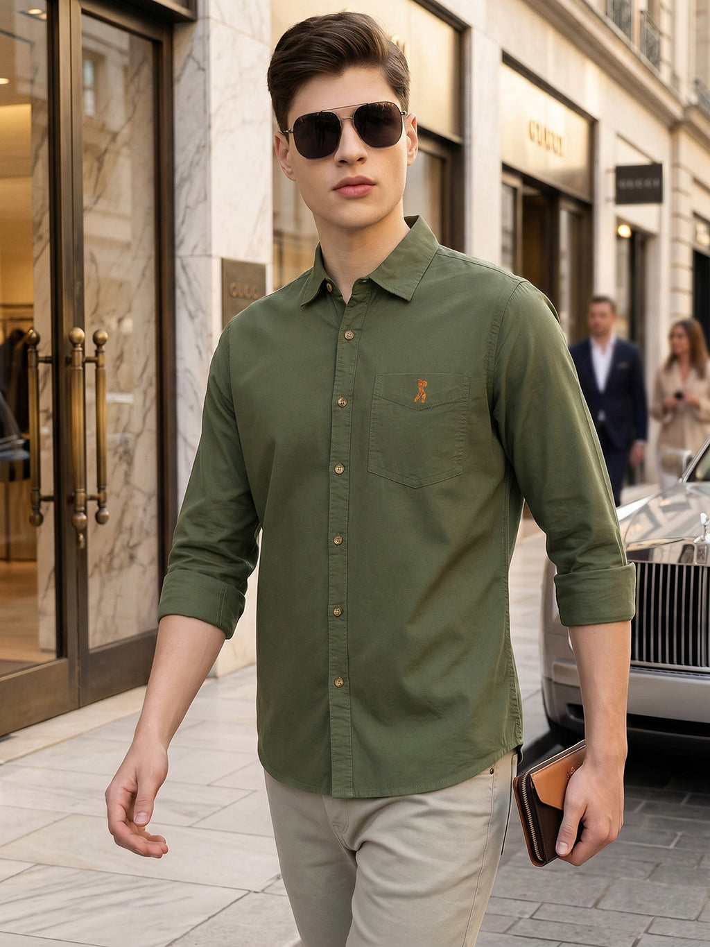 Olive Cricket Club Collection Long Sleeves Slim Fit Spread Collar 100% Cotton Twill Casual Shirt For Men