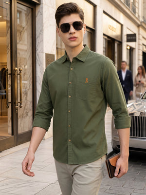 Olive Cricket Club Collection Long Sleeves Slim Fit Spread Collar 100% Cotton Twill Casual Shirt For Men