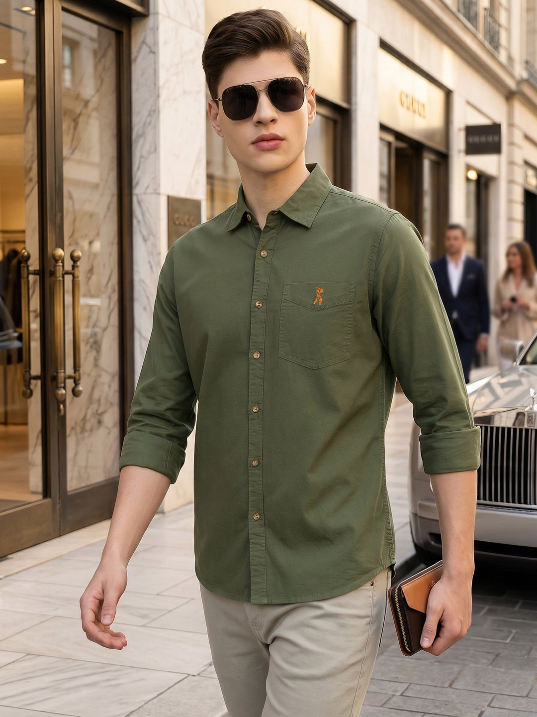 Olive Cricket Club Collection Long Sleeves Slim Fit Spread Collar 100% Cotton Twill Casual Shirt For Men