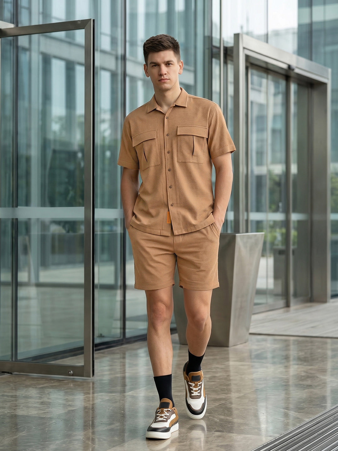 Thomas Scott Men Brown Cricket Club Collection Regular Fit Short Sleeves Self Design 100% Cotton Co-Ord Set with Shirt Collar