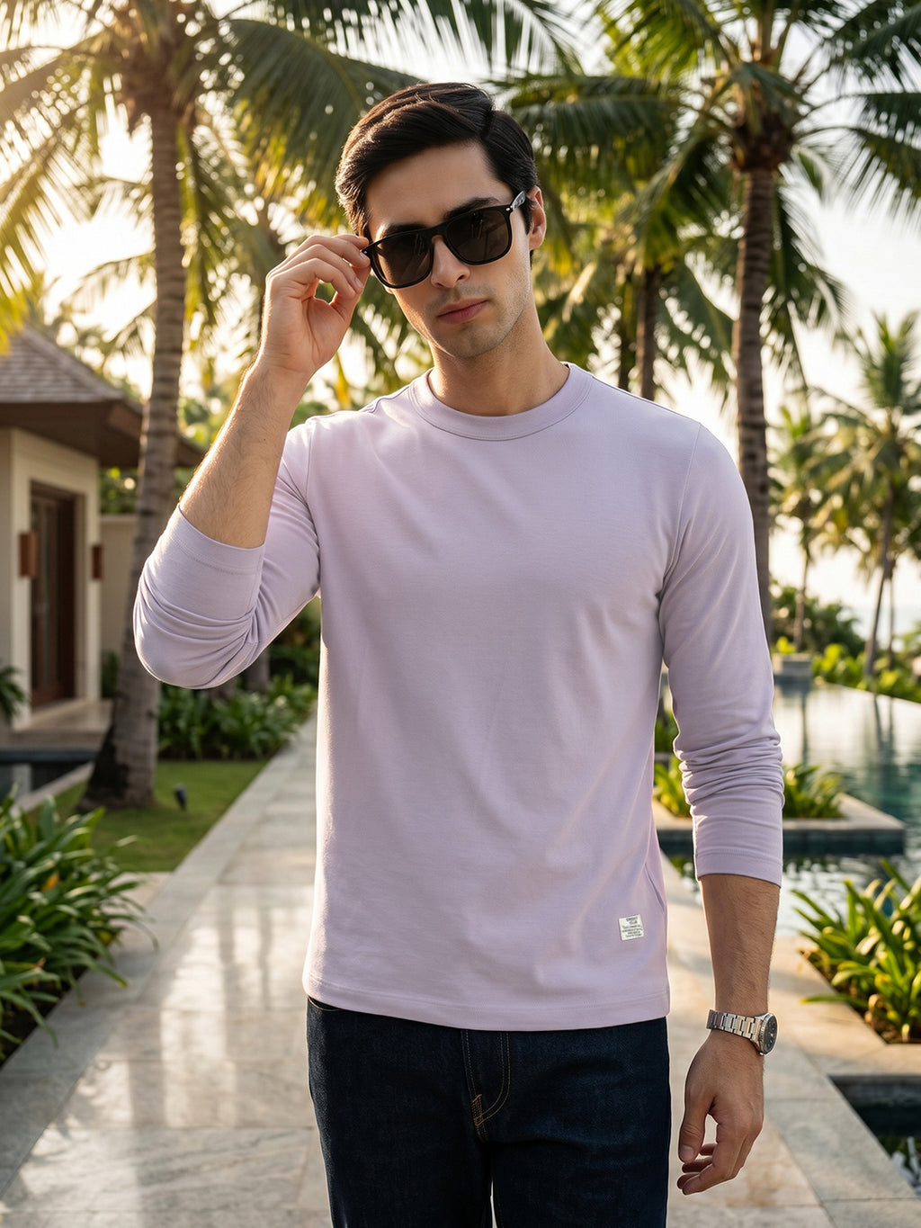 Thomas Scott Men Lavender Cricket Club Collection Regular Fit Round Neck Long Sleeves Polycotton Solid Knitted T-shirt