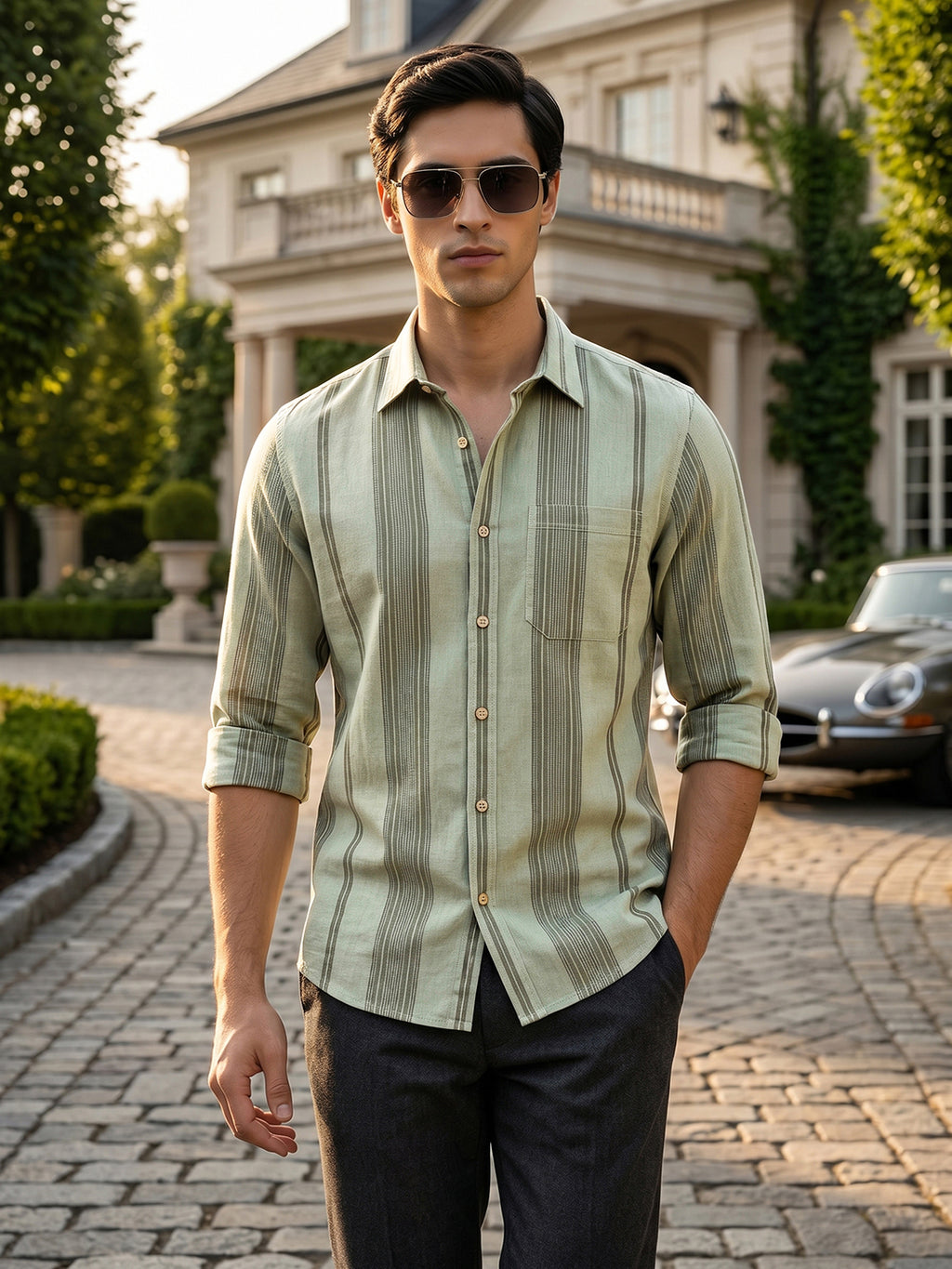 Green Cricket Club Collection Men Striped Cotton Linen Shirt For Men-Slim Fit, Long Sleeve, Spread Collar Casual Wear