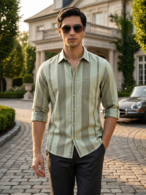 Green Cricket Club Collection Men Striped Cotton Linen Shirt For Men-Slim Fit, Long Sleeve, Spread Collar Casual Wear