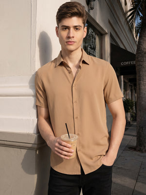 Brown Regular Fit Short Sleeves Spread Collar Solid Polyester Casual Shirt For Men