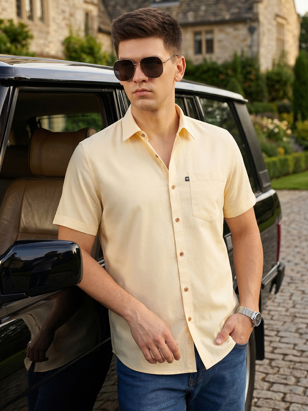 Lemon Slim Fit Short Sleeves Spread Collar Solid Casual Shirt For Men