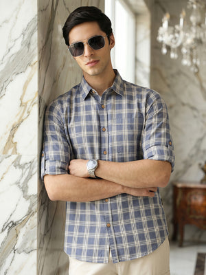 Blue Slim Fit Tartan Checks Cotton Linen Casual Shirt-Cricket Club Collection, Roll-Up Sleeves & Spread Collar