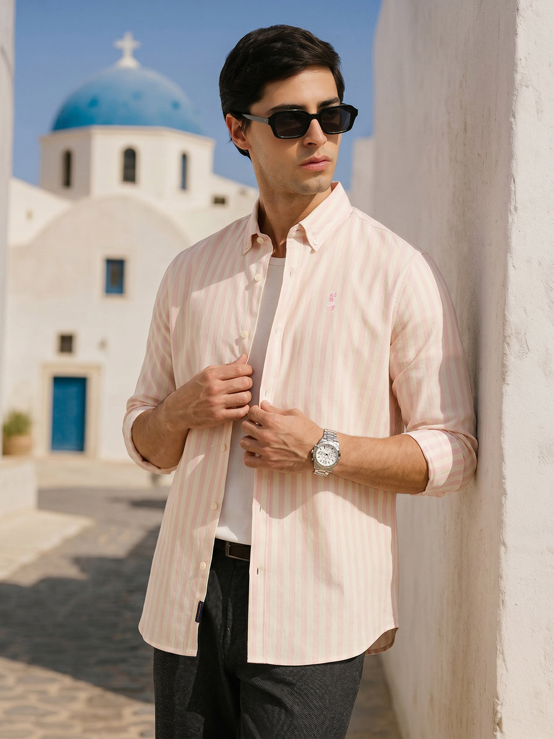 Thomas Scott Men Pink Cricket Club Collection Slim Fit Vertical Stripe Cotton Casual Shirt-Button Down Collar, Full Sleeves
