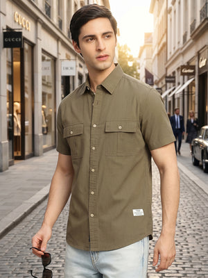 Olive Cricket Club Collection Slim Fit Short Sleeve Spread Collar 2 Flap Pockets Solid Design Cotton Twill Casual Shirt For Men