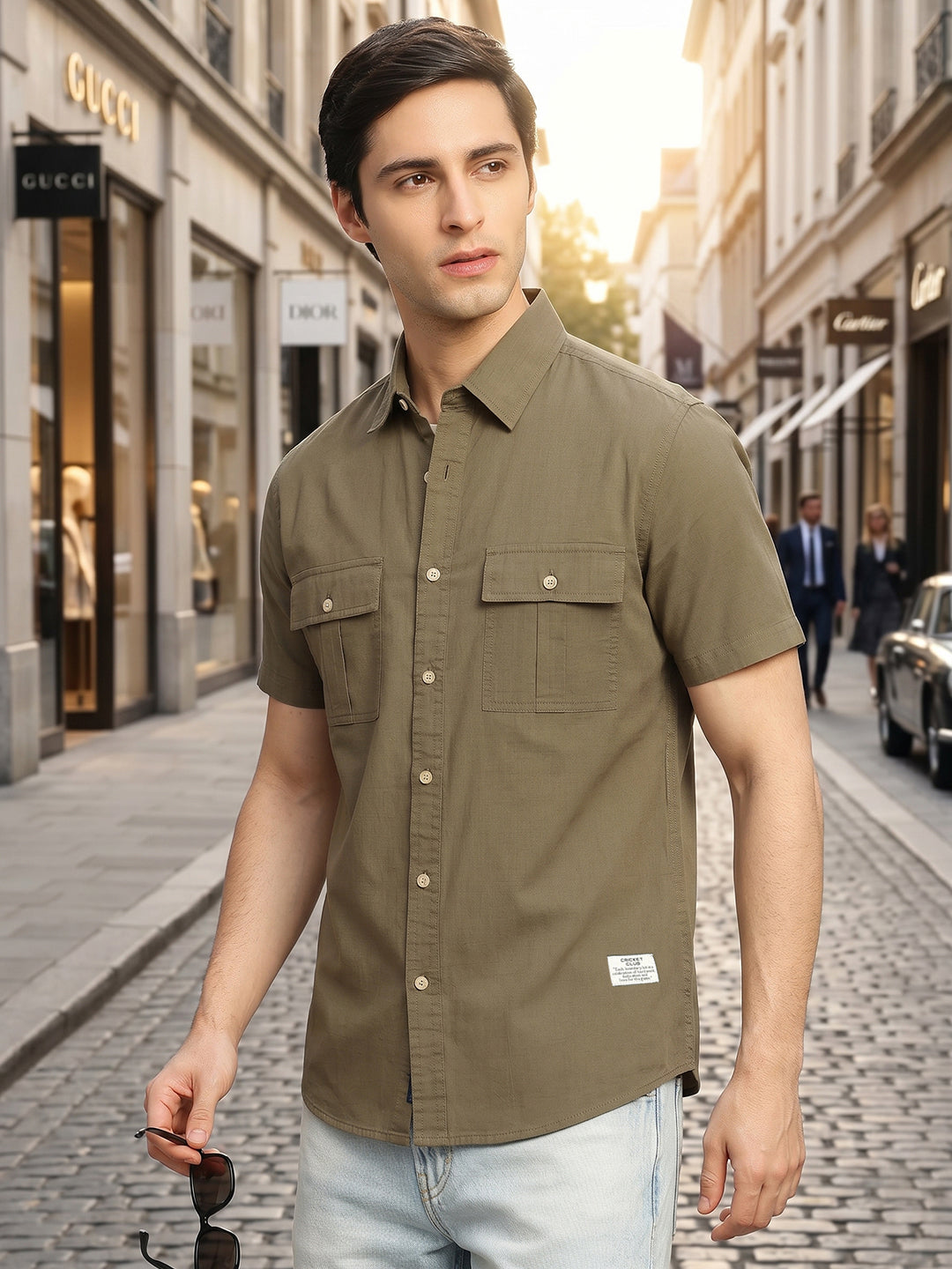 Olive Cricket Club Collection Slim Fit Short Sleeve Spread Collar 2 Flap Pockets Solid Design Cotton Twill Casual Shirt For Men