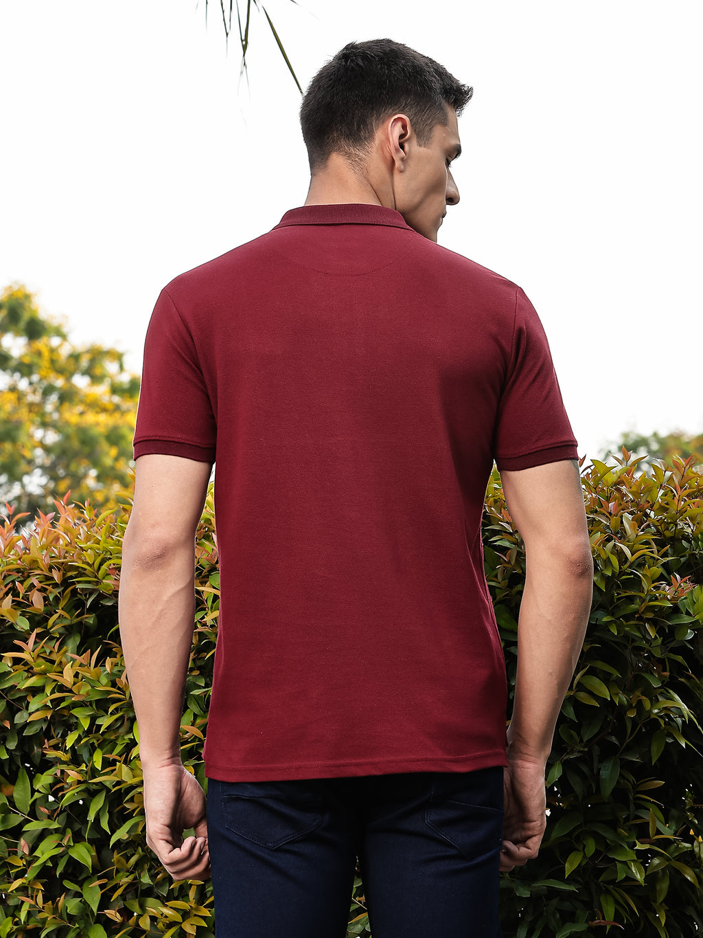 Thomas Scott Men Burgundy Regular Fit Short Sleeves Solid Polo Collar Knitted Tshirt