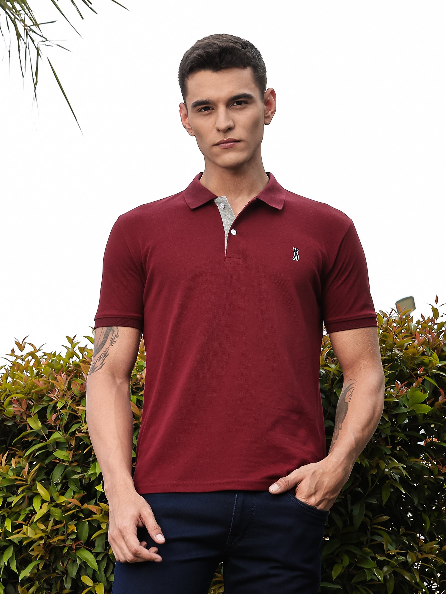 Thomas Scott Men Burgundy Regular Fit Short Sleeves Solid Polo Collar Knitted Tshirt