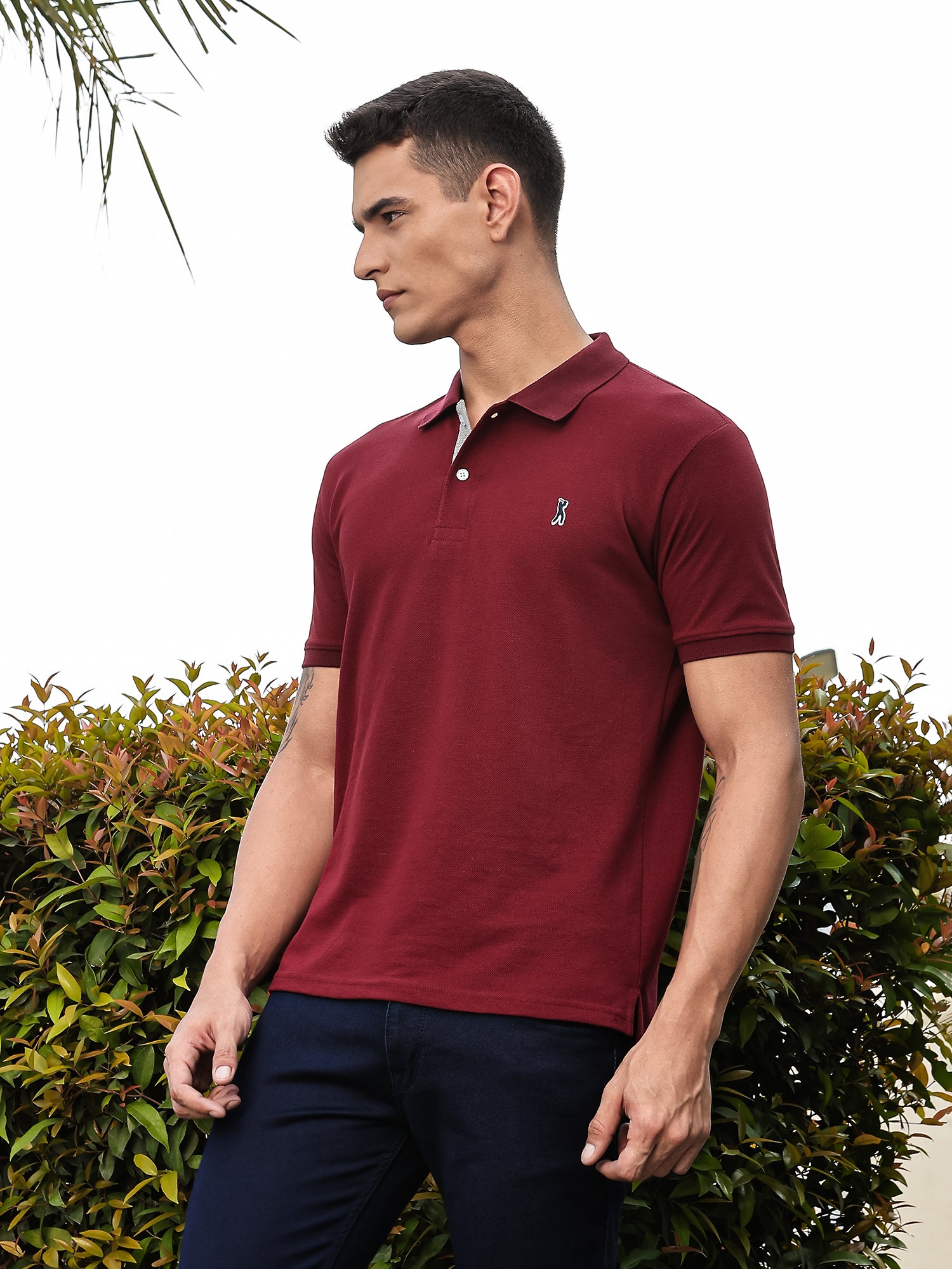 Thomas Scott Men Burgundy Regular Fit Short Sleeves Solid Polo Collar Knitted Tshirt
