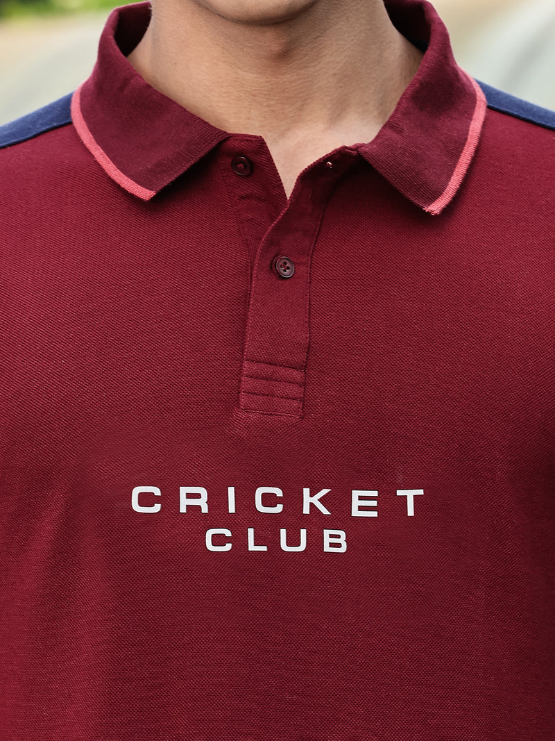 Thomas Scott Men Burgundy Regular Fit Short Sleeves Typography Polo Collar Knitted Tshirt