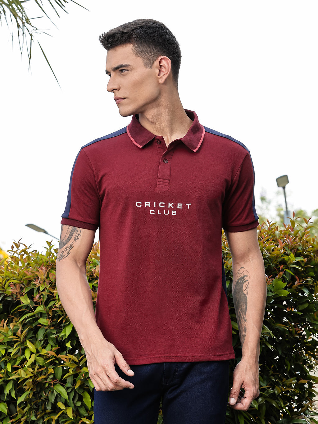 Thomas Scott Men Burgundy Regular Fit Short Sleeves Typography Polo Collar Knitted Tshirt