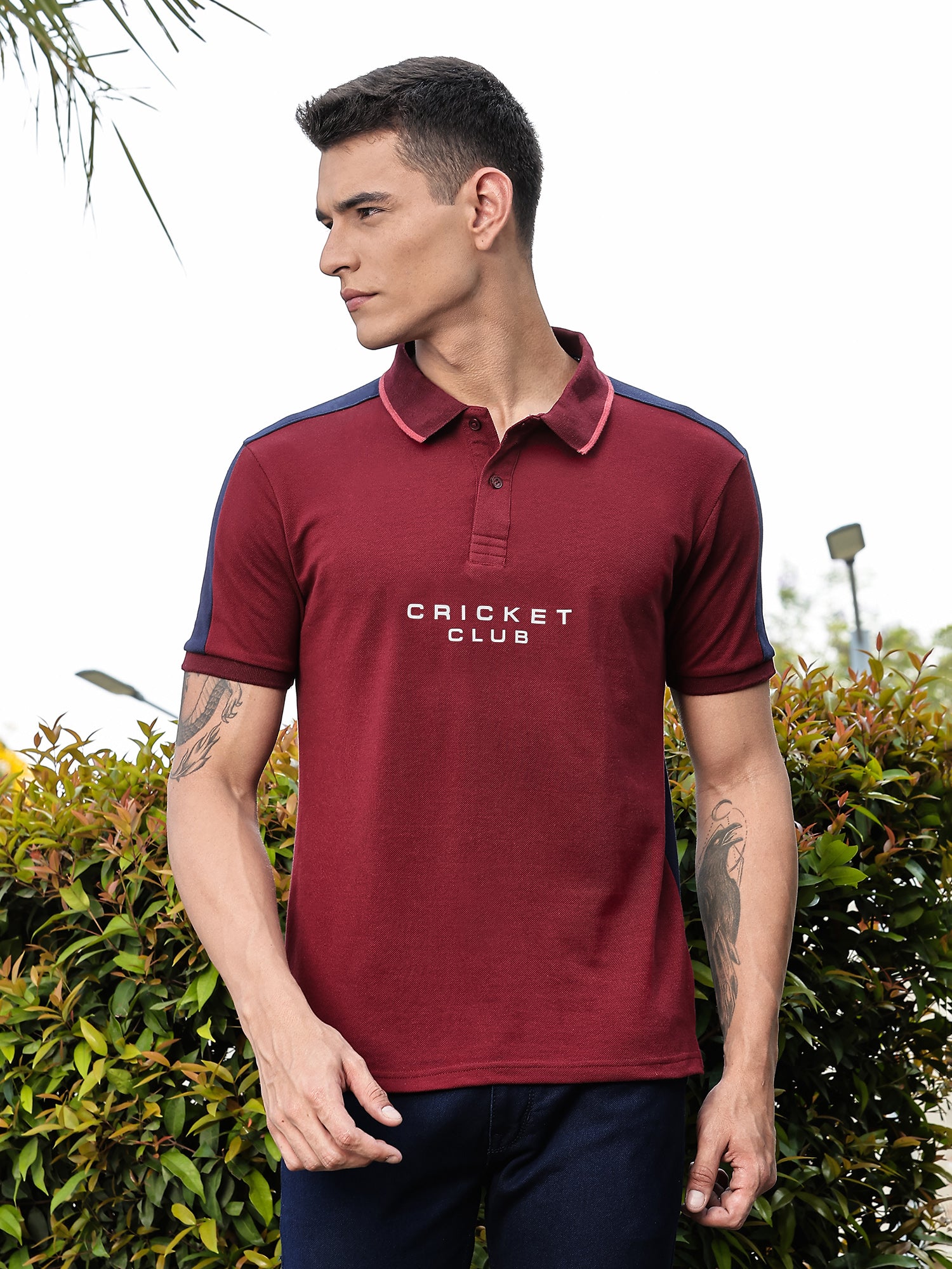 Thomas Scott Men Burgundy Regular Fit Short Sleeves Typography Polo Collar Knitted Tshirt