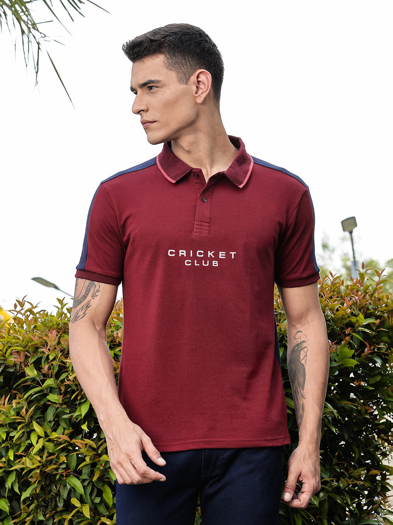 Thomas Scott Men Burgundy Regular Fit Short Sleeves Typography Polo Collar Knitted Tshirt