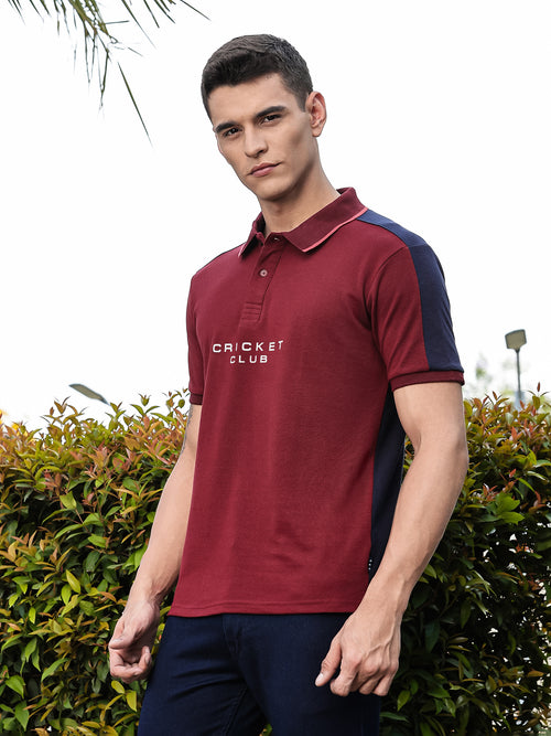 Thomas Scott Men Burgundy Regular Fit Short Sleeves Typography Polo Collar Knitted Tshirt