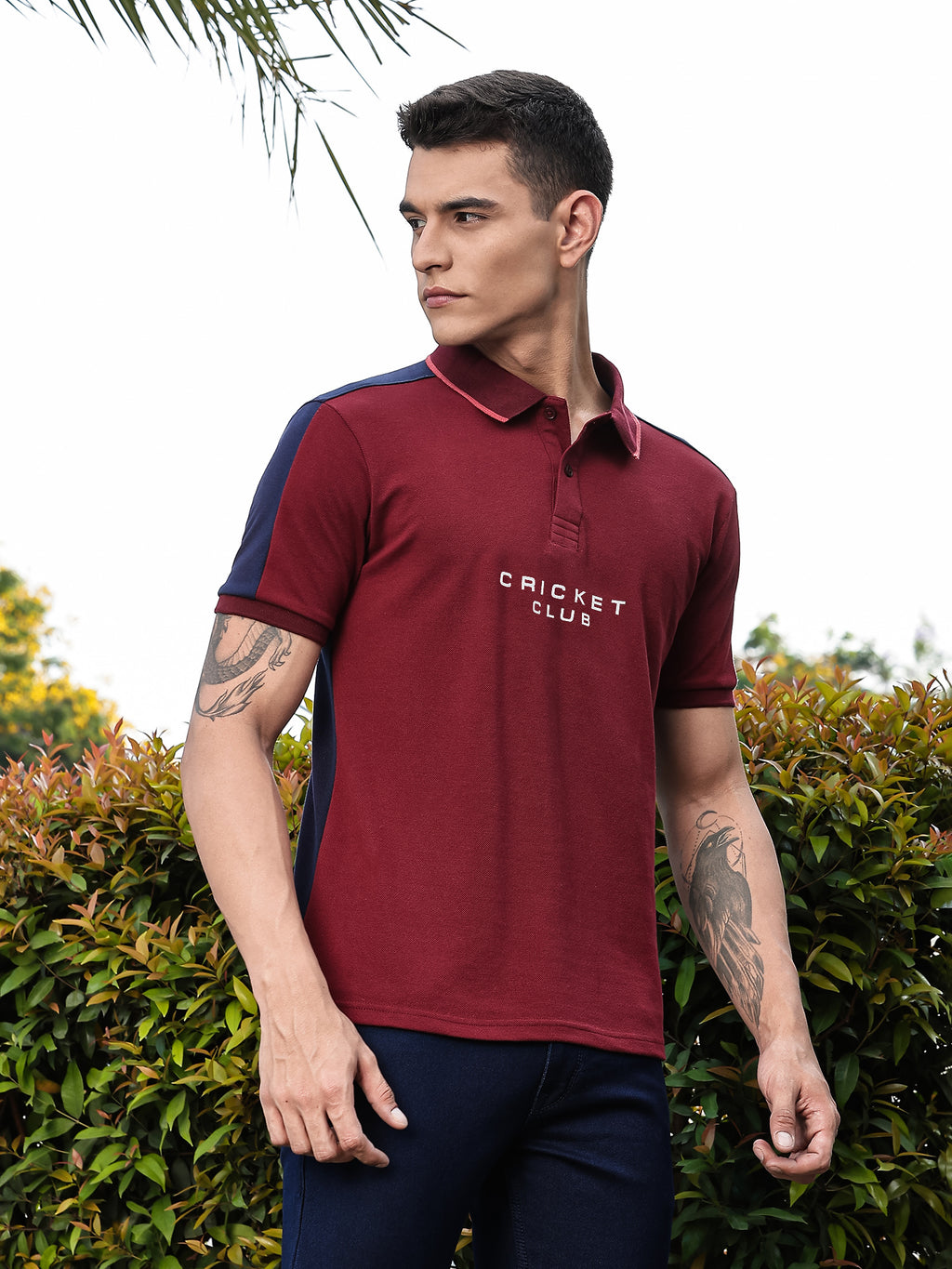 Thomas Scott Men Burgundy Regular Fit Short Sleeves Typography Polo Collar Knitted Tshirt