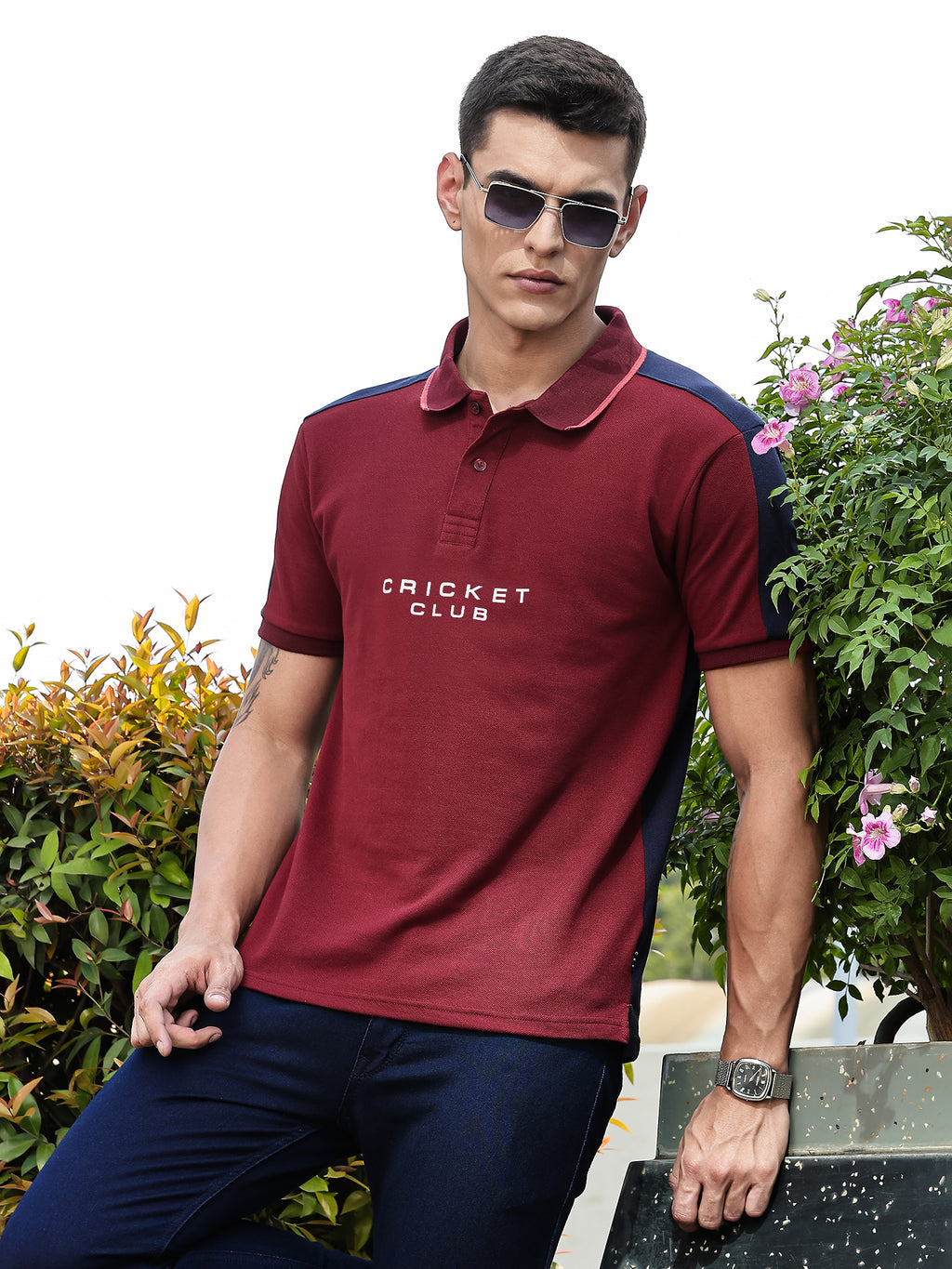 Thomas Scott Men Burgundy Regular Fit Short Sleeves Typography Polo Collar Knitted Tshirt
