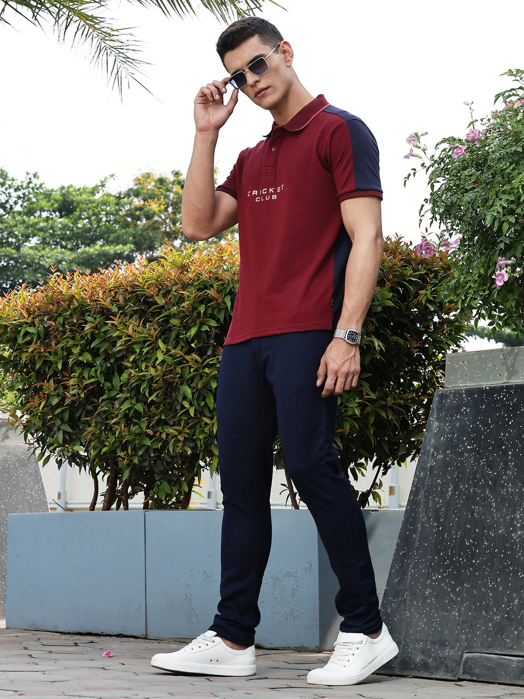 Thomas Scott Men Burgundy Regular Fit Short Sleeves Typography Polo Collar Knitted Tshirt