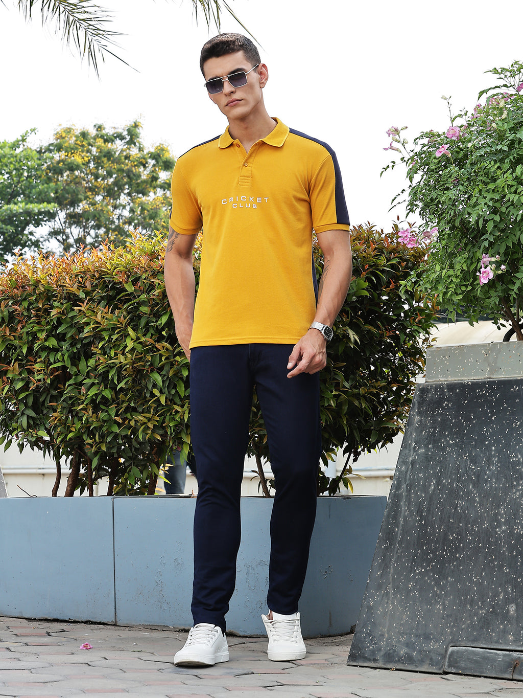 Thomas Scott Men Yellow Regular Fit Short Sleeves Typography Polo Collar Knitted Tshirt