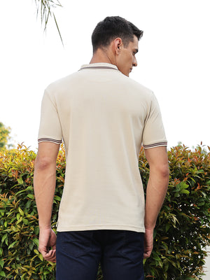 Thomas Scott Men Cream Regular Fit Short Sleeves Solid Polo Collar Knitted Tshirt