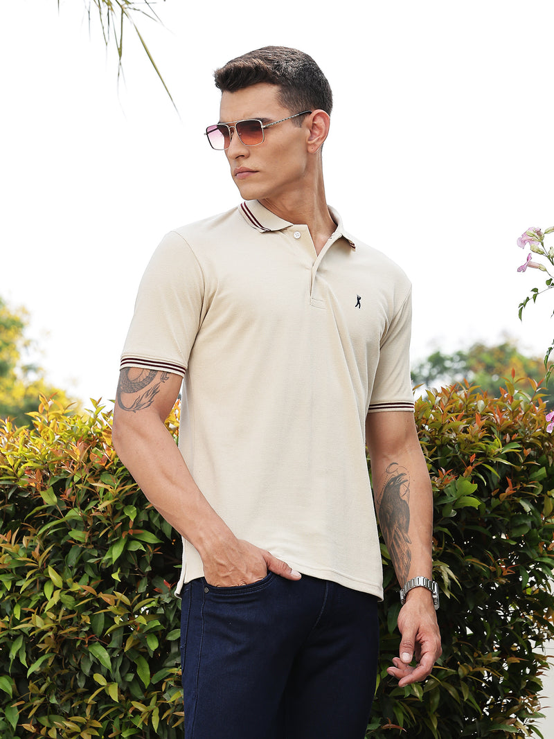 Thomas Scott Men Cream Regular Fit Short Sleeves Solid Polo Collar Knitted Tshirt