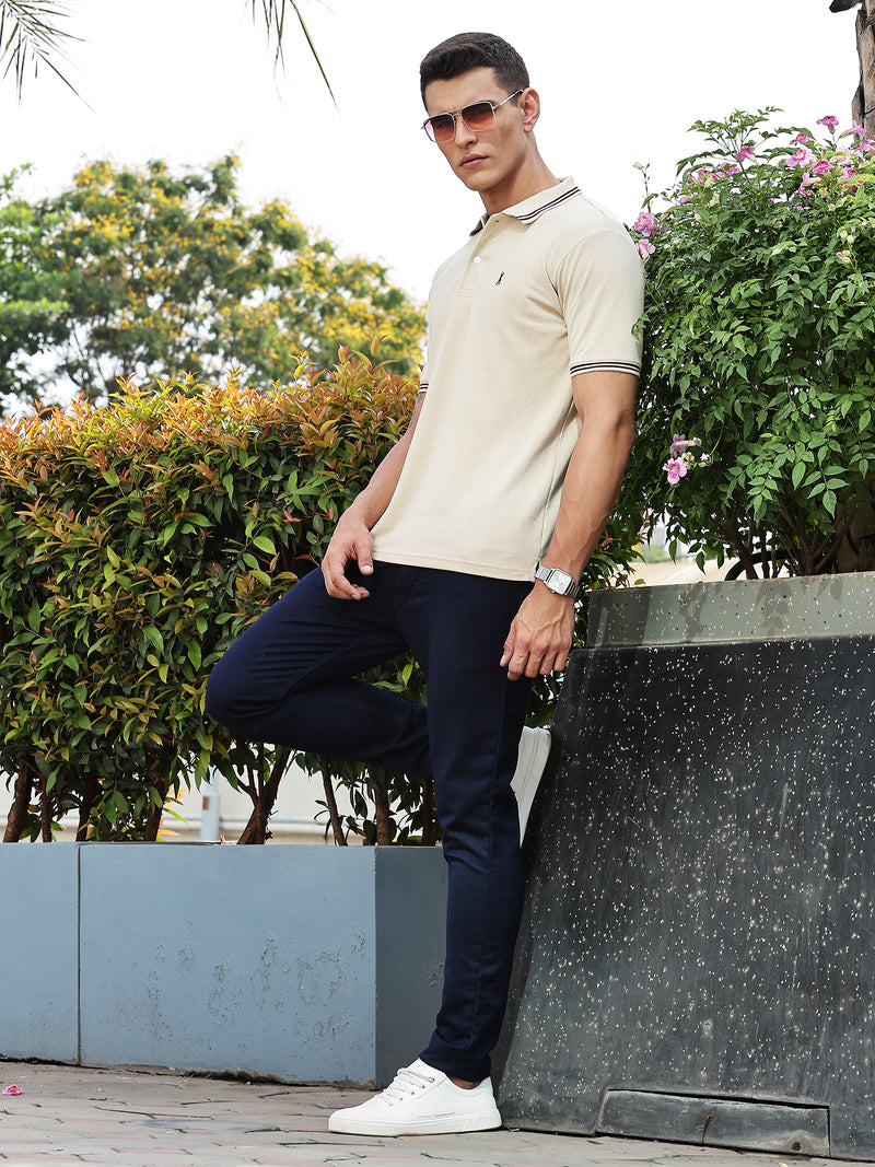 Thomas Scott Men Cream Regular Fit Short Sleeves Solid Polo Collar Knitted Tshirt