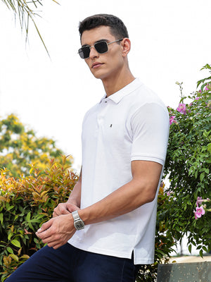 Thomas Scott Men White Regular Fit Short Sleeves Solid Polo Collar Knitted Tshirt