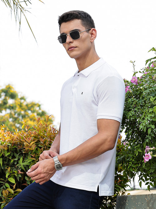 Thomas Scott Men White Regular Fit Short Sleeves Solid Polo Collar Knitted Tshirt