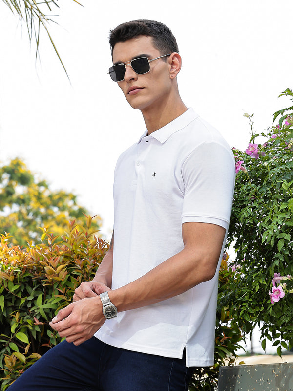Thomas Scott Men White Regular Fit Short Sleeves Solid Polo Collar Knitted Tshirt