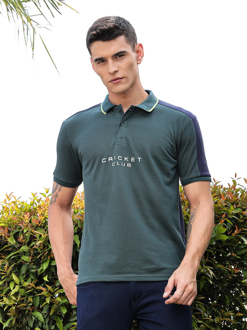 Thomas Scott Men BottleGreen Regular Fit Short Sleeves Typography Polo Collar Knitted Tshirt