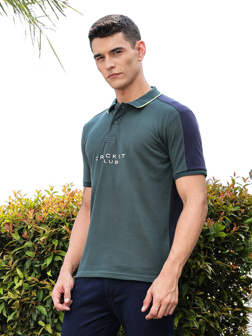 Thomas Scott Men BottleGreen Regular Fit Short Sleeves Typography Polo Collar Knitted Tshirt