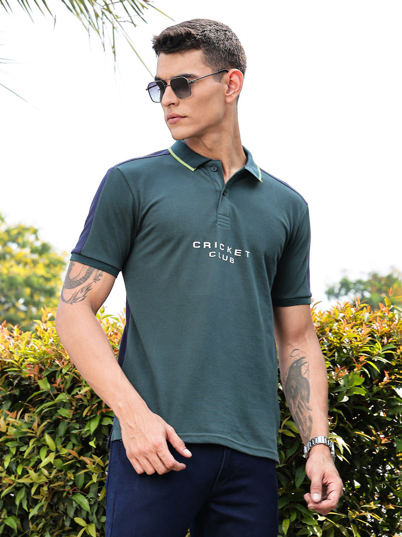 Thomas Scott Men BottleGreen Regular Fit Short Sleeves Typography Polo Collar Knitted Tshirt