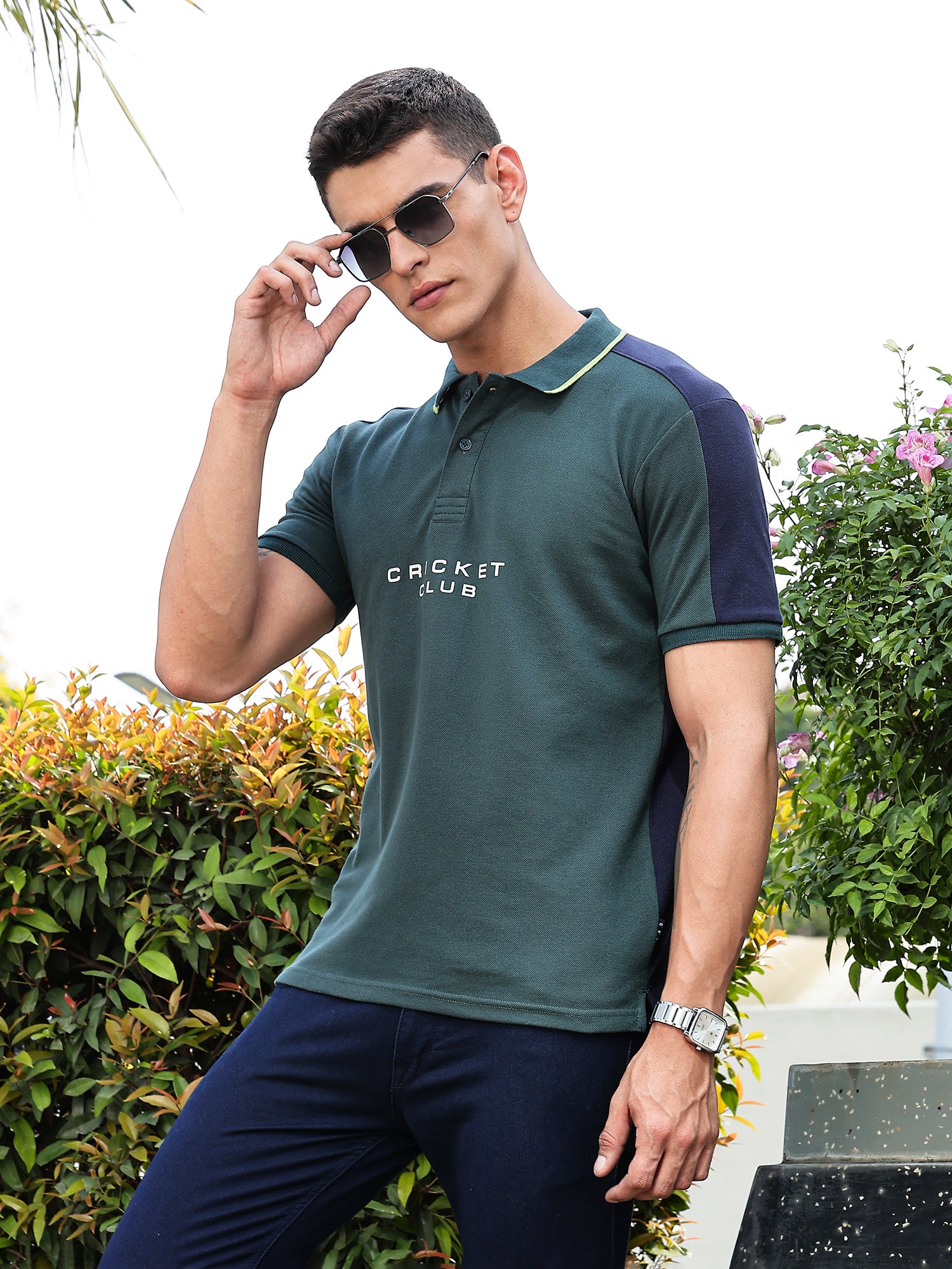 Thomas Scott Men BottleGreen Regular Fit Short Sleeves Typography Polo Collar Knitted Tshirt