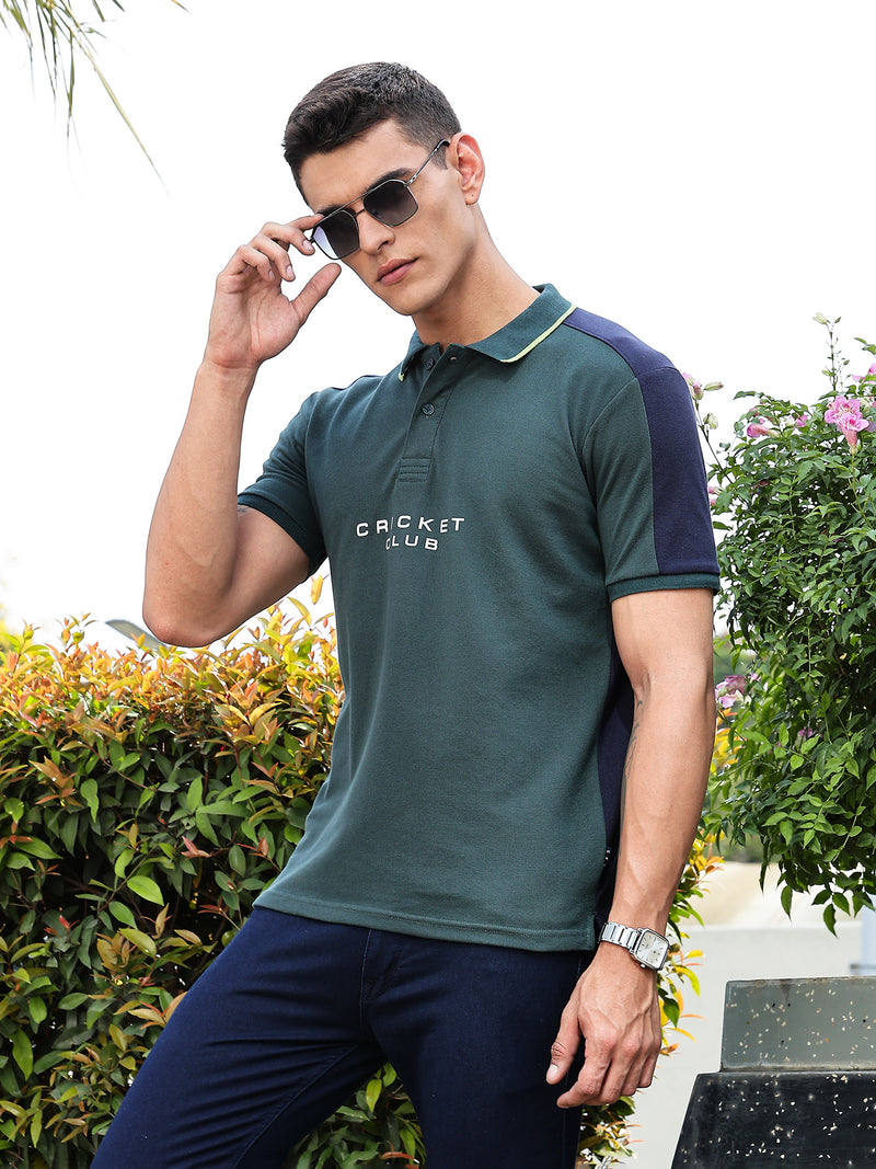 Thomas Scott Men BottleGreen Regular Fit Short Sleeves Typography Polo Collar Knitted Tshirt