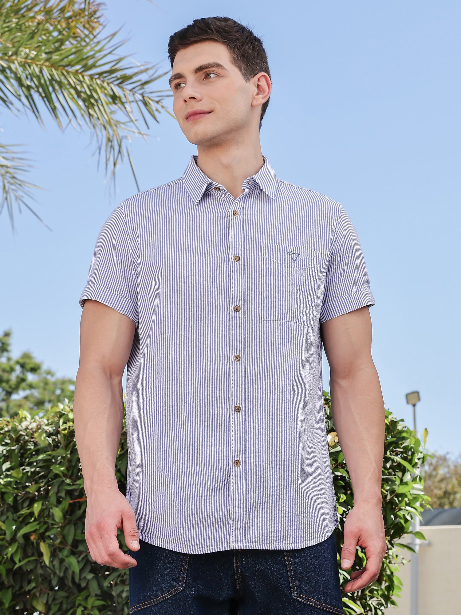 Thomas Scott Men NavyBlue Slim Fit Short Sleeve Pinstripes Casual Shirt
