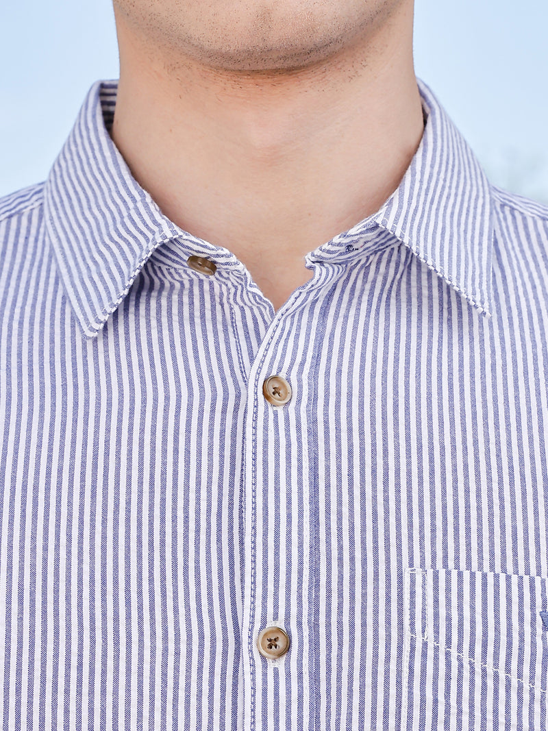 Thomas Scott Men NavyBlue Slim Fit Short Sleeve Pinstripes Casual Shirt
