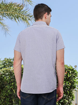 Thomas Scott Men NavyBlue Slim Fit Short Sleeve Pinstripes Casual Shirt