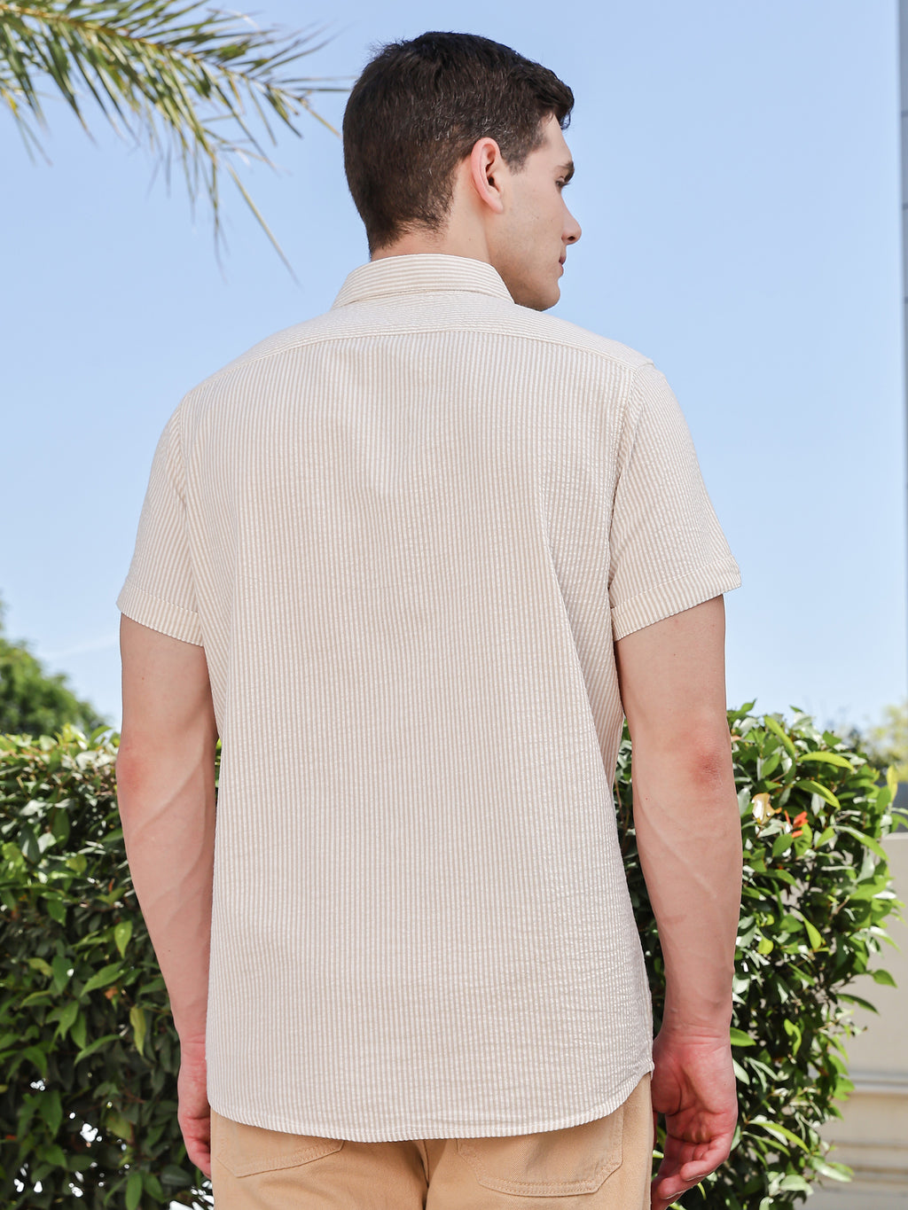 Thomas Scott Men Beige Slim Fit Short Sleeve Pinstripes Casual Shirt