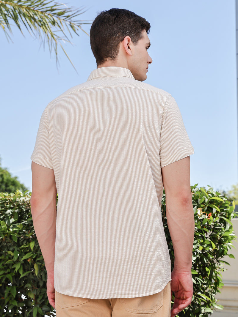 Thomas Scott Men Beige Slim Fit Short Sleeve Pinstripes Casual Shirt