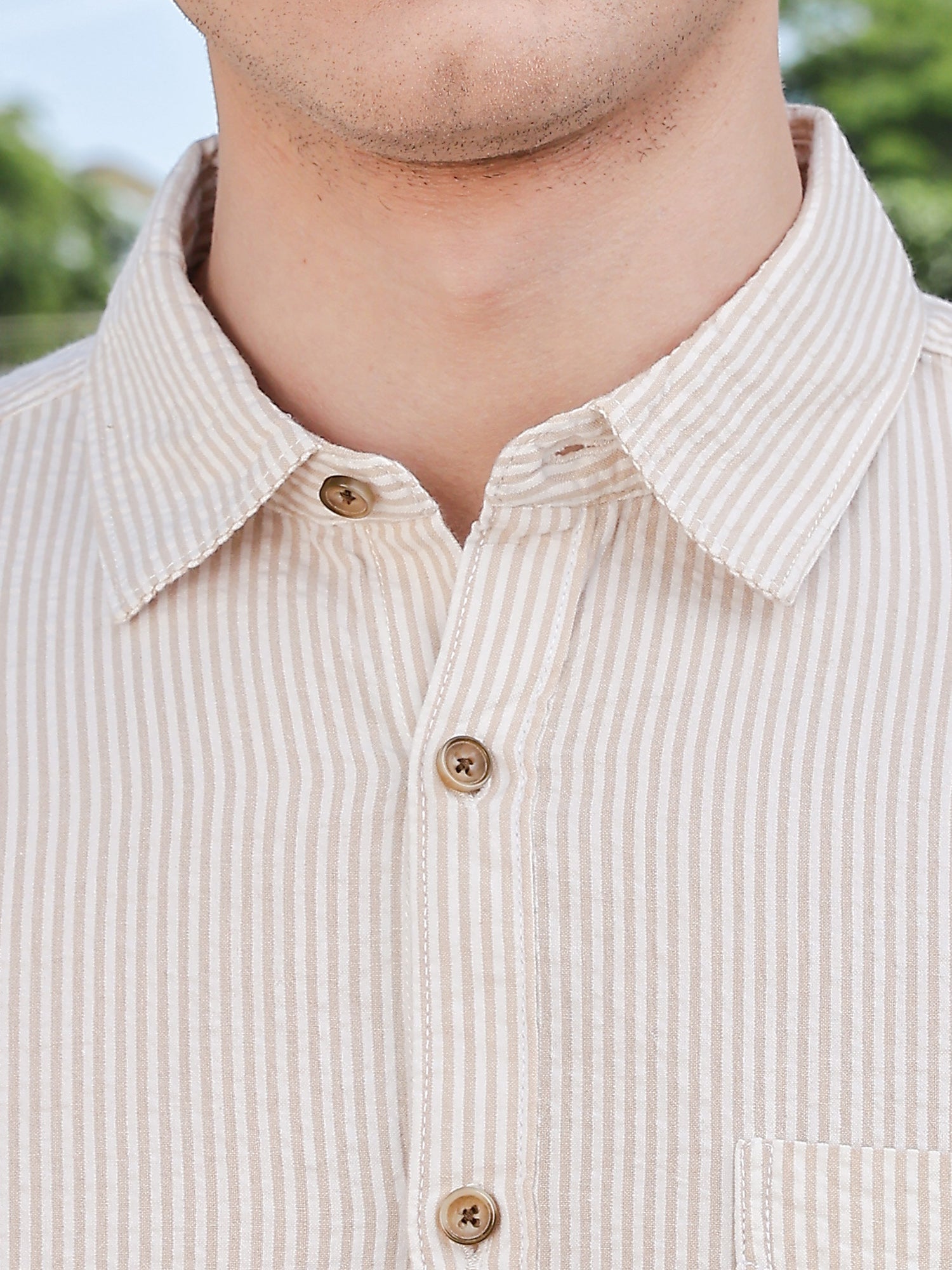 Thomas Scott Men Beige Slim Fit Short Sleeve Pinstripes Casual Shirt