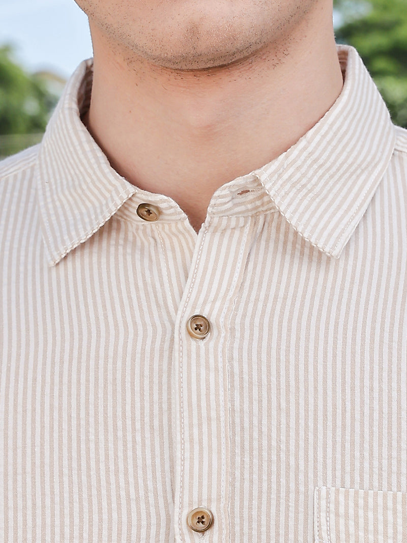 Thomas Scott Men Beige Slim Fit Short Sleeve Pinstripes Casual Shirt